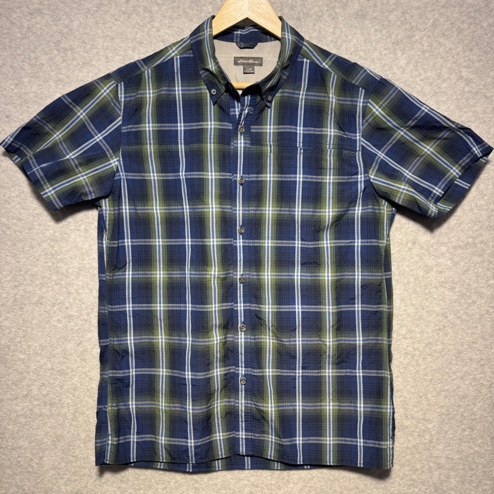 Eddie Bauer Mens Short Sleeve Plaid Button Down Shirt Blue Green Medium M